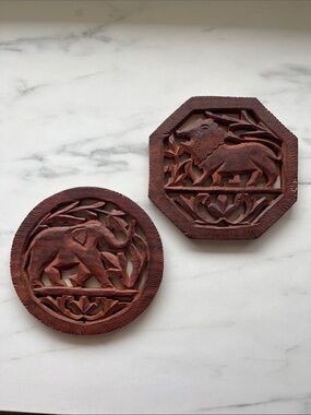 AntiqueHand-Carved Elephant and Lion Wall Plaques - Rustic Brown